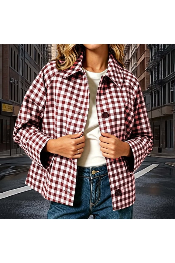 Women's Classic Plaid Short Collared Jacket Button Front Hidden Side Pockets Loose Boxy Fit Multi Check Shades for Daily Shopping Light Outdoor Walks Purple M