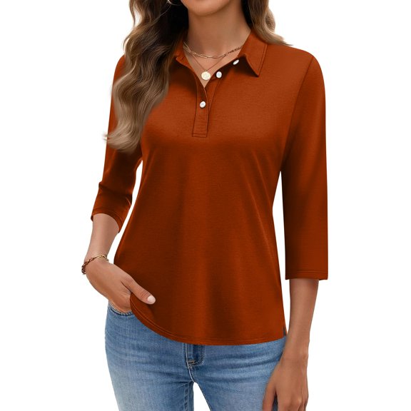Women's Classic Polo Shirts 3/4 Sleeve Collared Button Down Casual Tops with Pocket for Office Work Golf Weekend Outings Ginger M