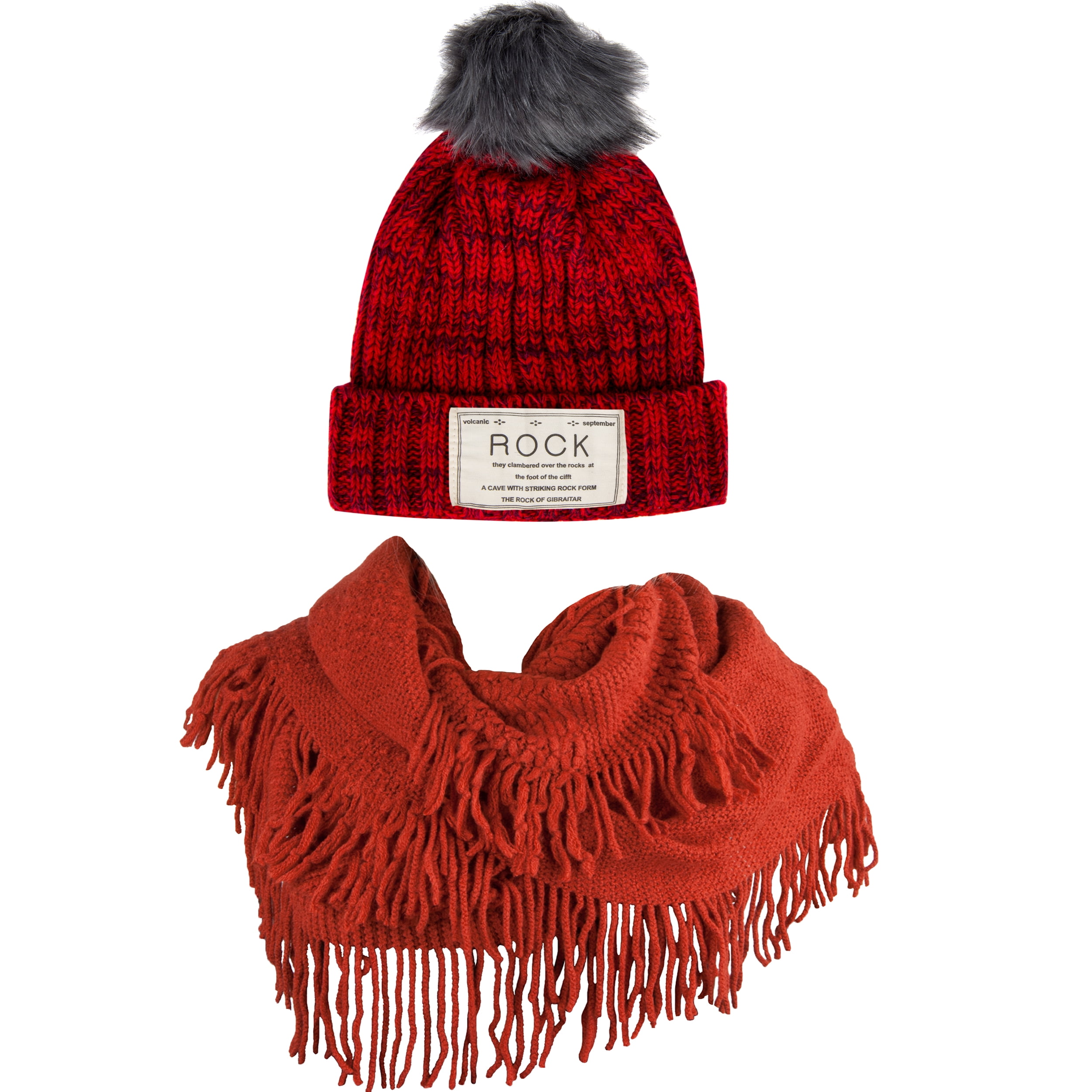 Women's Classic PomPom Warm And Cozy Knitted Beanie and Soft Plush Infinity Scarf Bundle