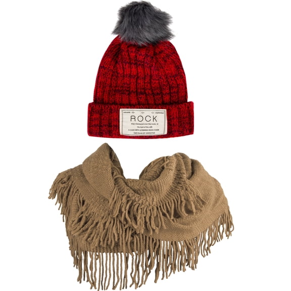 Women's Classic PomPom Warm And Cozy Knitted Beanie and Soft Plush Infinity Scarf Bundle