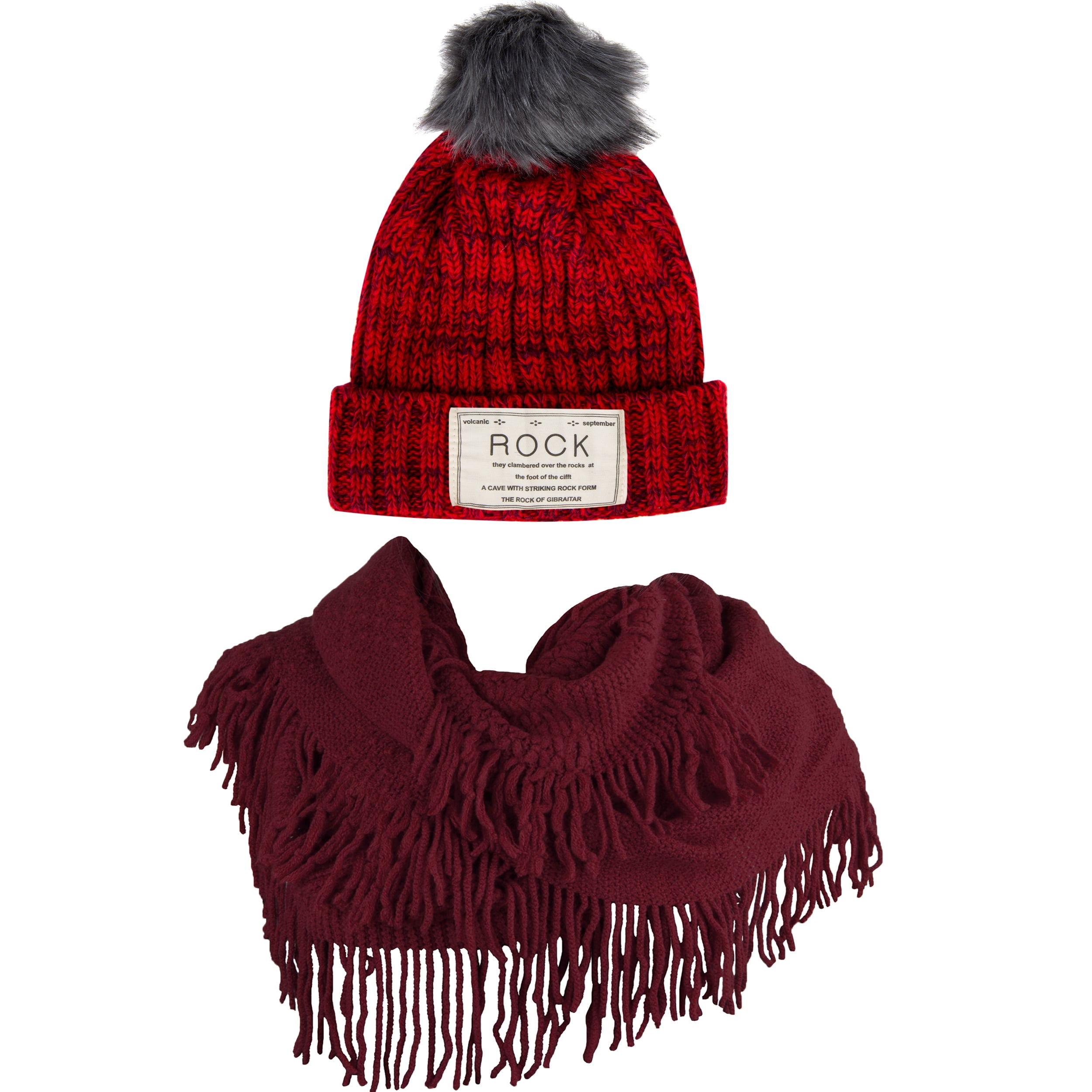 Women's Classic PomPom Warm And Cozy Knitted Beanie and Soft Plush Infinity Scarf Bundle