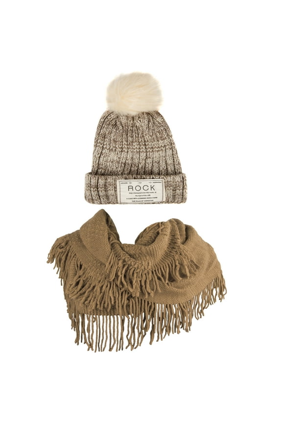 Women's Classic PomPom Warm And Cozy Knitted Beanie and Soft Plush Infinity Scarf Bundle