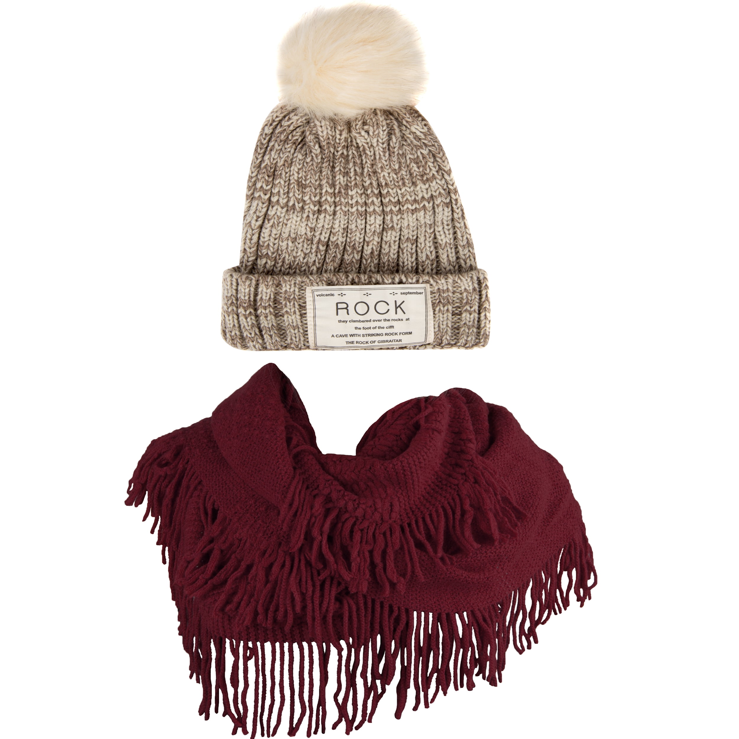 Women's Classic PomPom Warm And Cozy Knitted Beanie and Soft Plush Infinity Scarf Bundle