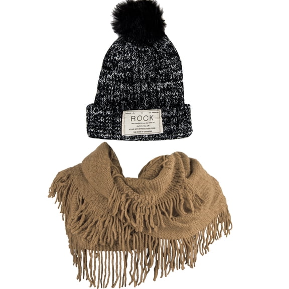 Women's Classic PomPom Warm And Cozy Knitted Beanie and Soft Plush Infinity Scarf Bundle