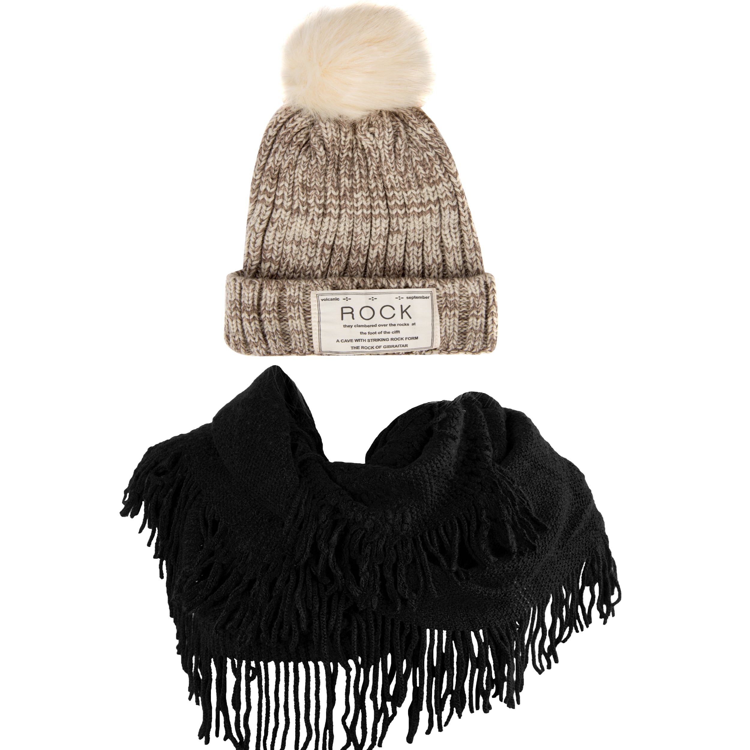 Women's Classic PomPom Warm And Cozy Knitted Beanie and Soft Plush Infinity Scarf Bundle