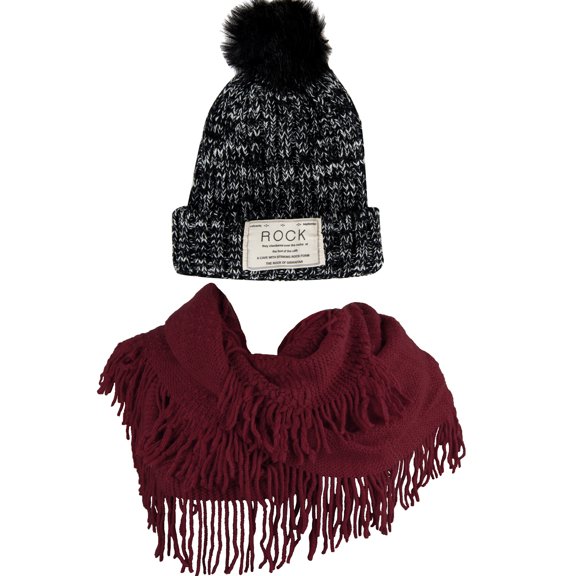 Women's Classic PomPom Warm And Cozy Knitted Beanie and Soft Plush Infinity Scarf Bundle