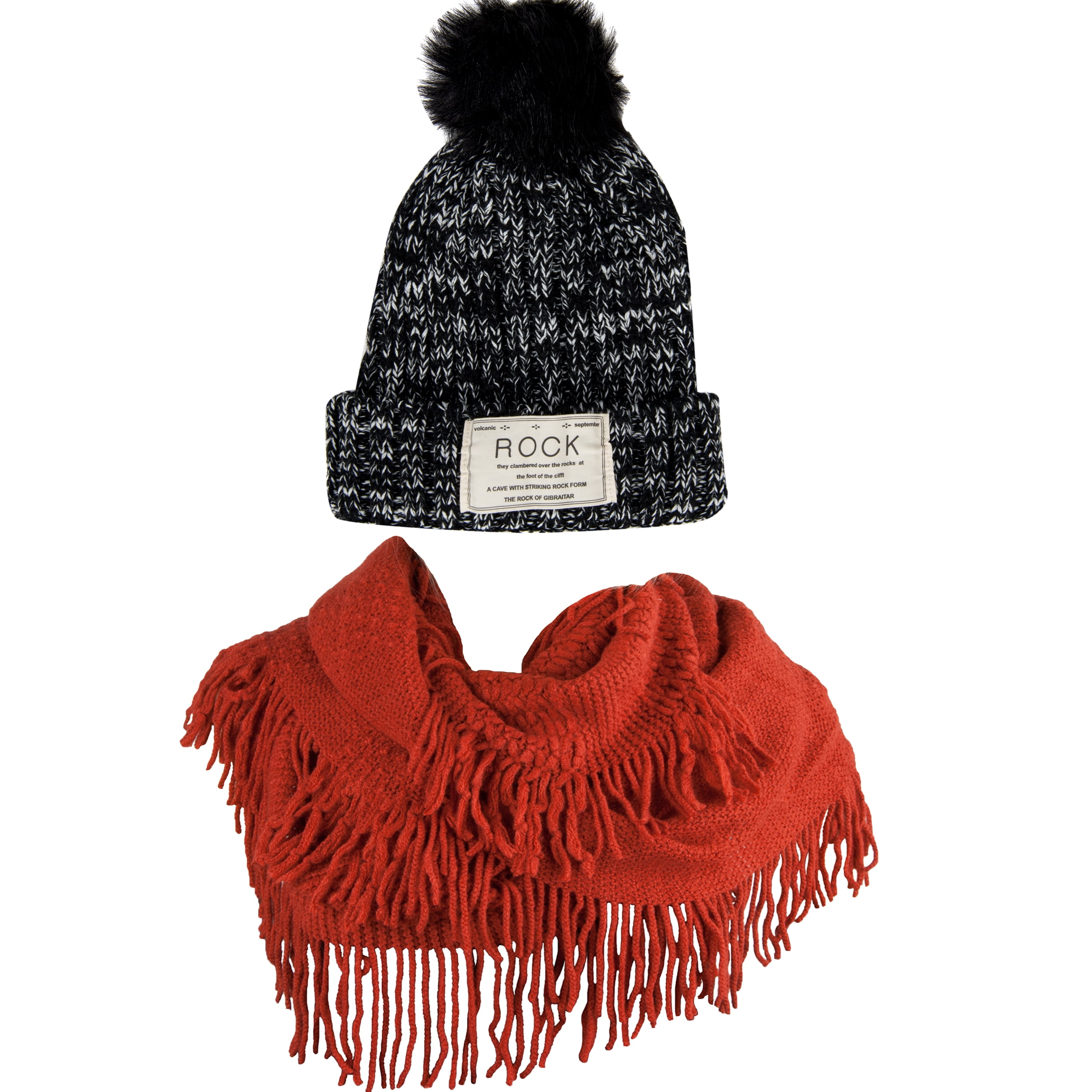 Women's Classic PomPom Warm And Cozy Knitted Beanie and Soft Plush Infinity Scarf Bundle