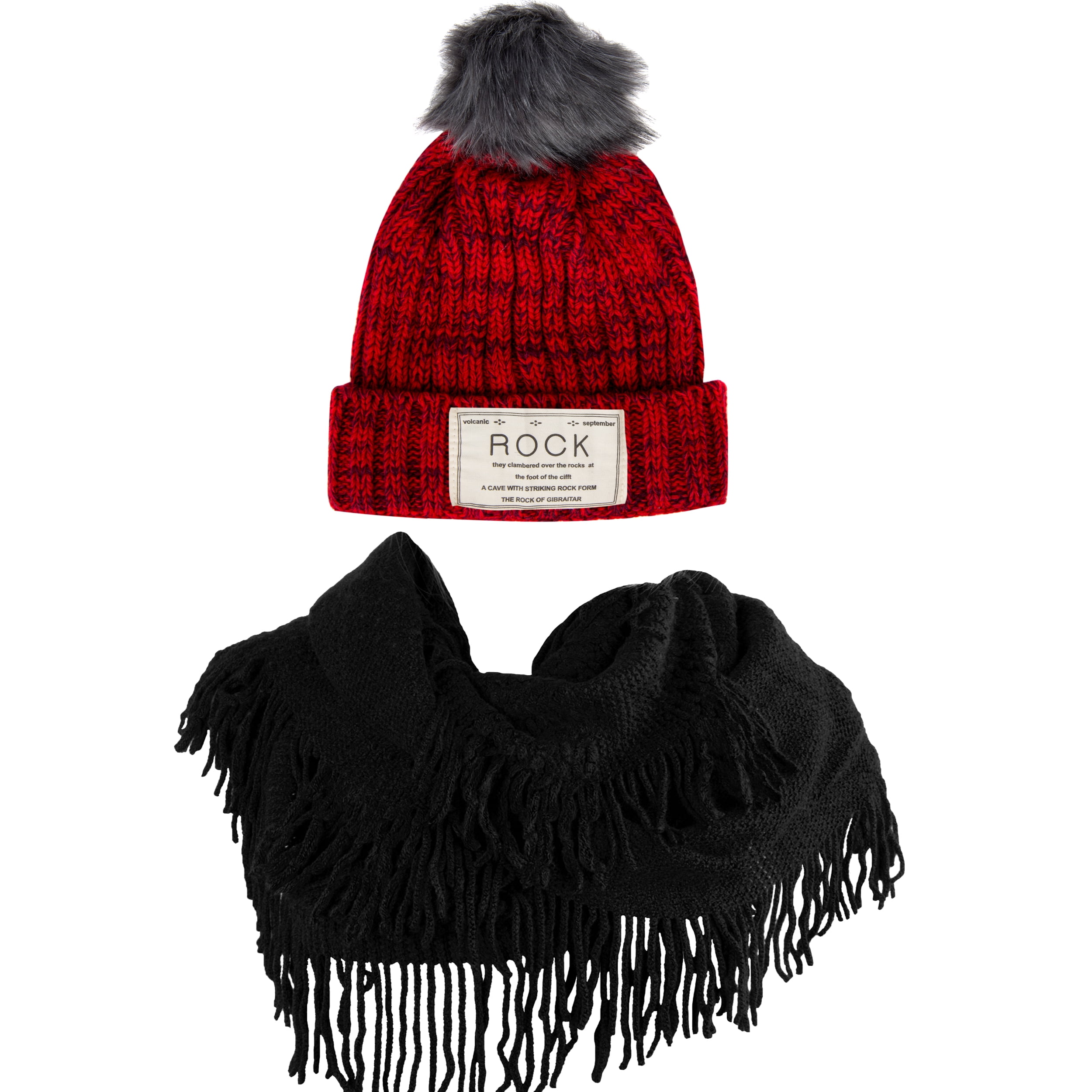 Women's Classic PomPom Warm And Cozy Knitted Beanie and Soft Plush Infinity Scarf Bundle