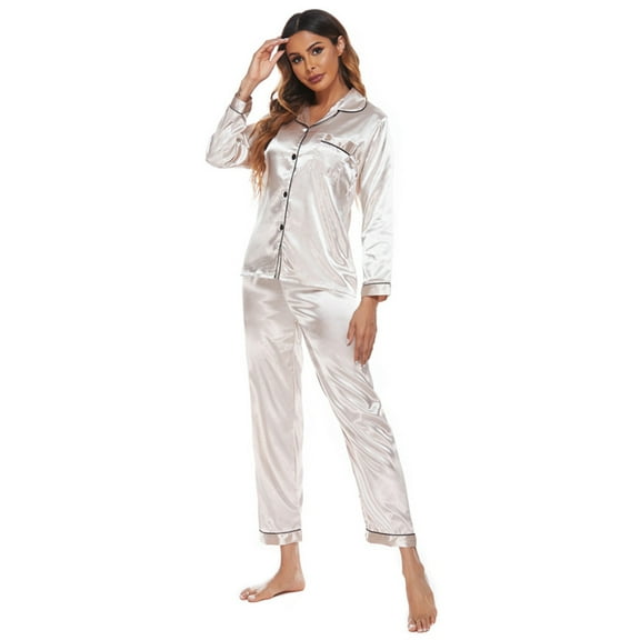 Women's Classic Satin Pajama Set Sleepwear Loungewear,Long Sleeve Sleepwear Womens Button Down Nightwear with Pajamas Bottoms Pants Soft Pj Lounge Sets,S-XXL Champagne