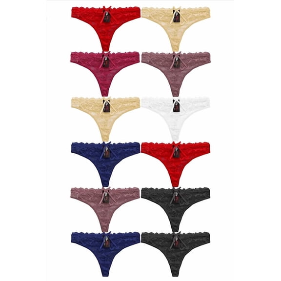 Women's Classic Sexy Lace G-String Thongs with Bow Multicolor 12 Pack (L)