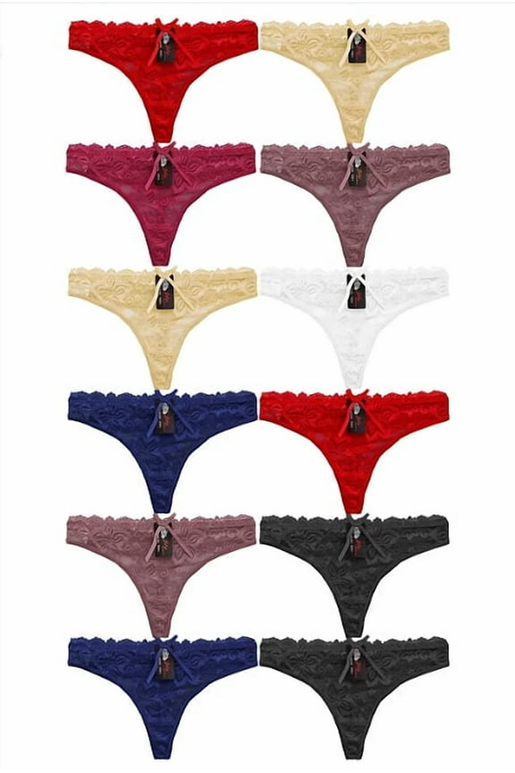 Women's Classic Sexy Lace G-String Thongs with Bow Multicolor 12 Pack (XL)