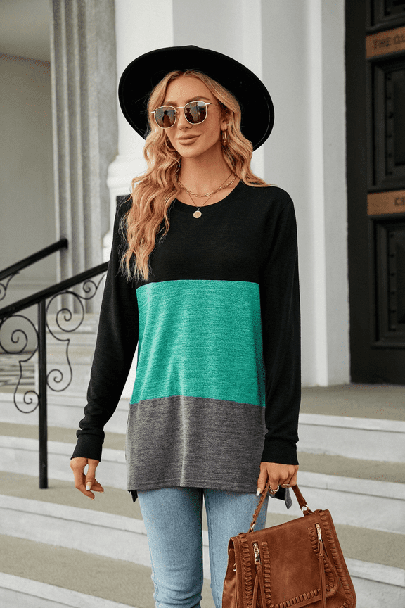 Women's Classic Simple Color Contrast Splicing Long Sleeve T-shirt