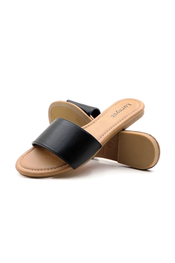 Women's Classic Slide Sandals Faux Leather Tan Footbed Casual Flat Slip-On