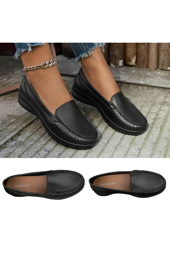 Women's Classic Solid Color Flat Casual Slip On Outdoor Black Faux Leather Shoes Black qILAKOG Size 7.5