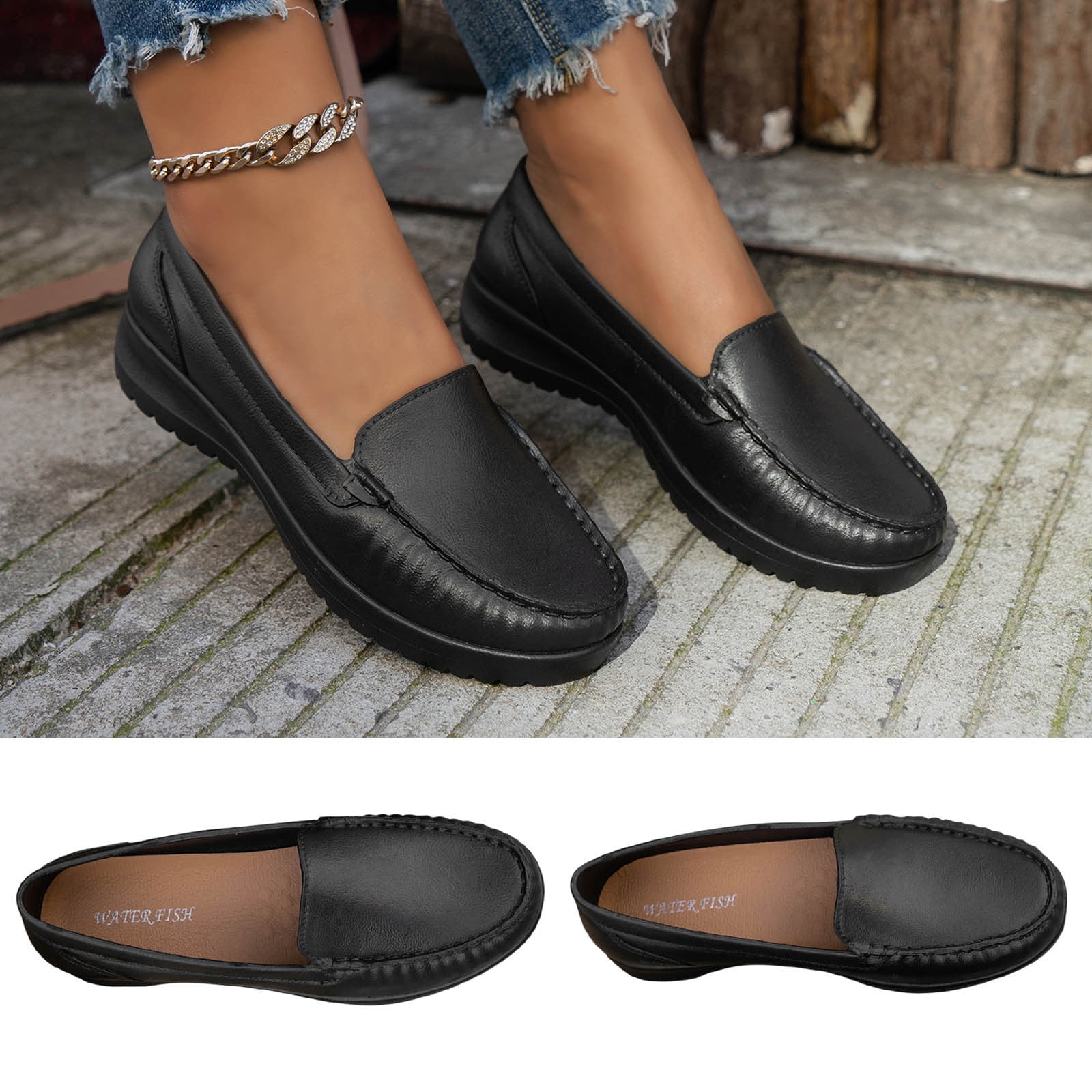 Women's Classic Solid Color Flat Casual Slip On Outdoor Black Faux Leather Shoes Black qILAKOG Size 7 - Walmart.com Women's Classic Solid Color Flat Casual Slip On Outdoor Black Faux Leather Shoes Black qILAKOG Size 7 - Walmart.com