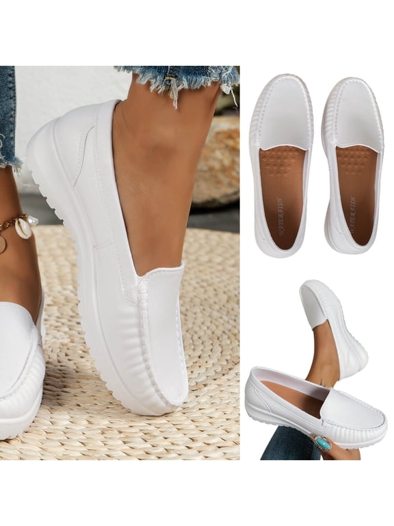 Women's Classic Solid Color Flat Casual Slip On Outdoor White Faux Leather Shoes White qILAKOG Size 6.5