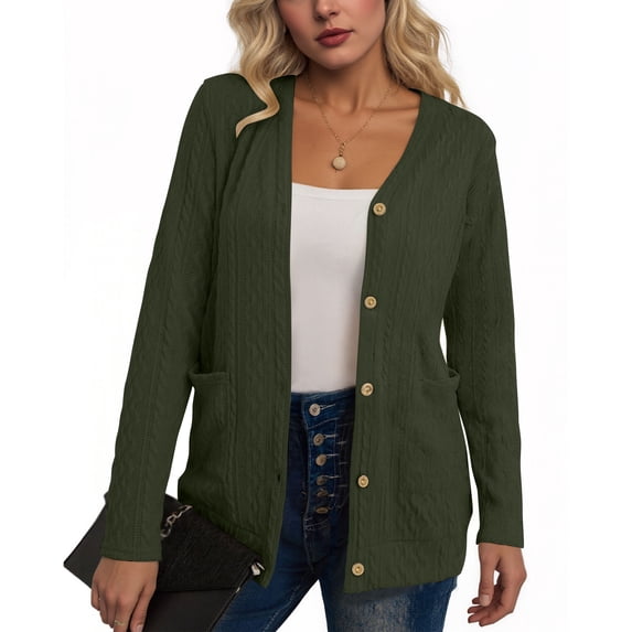 Women's Classic Solid Color Long Sleeve Button-Front Jacquard Jacket with Functional Pockets in Soft Fabric for Everyday Wear