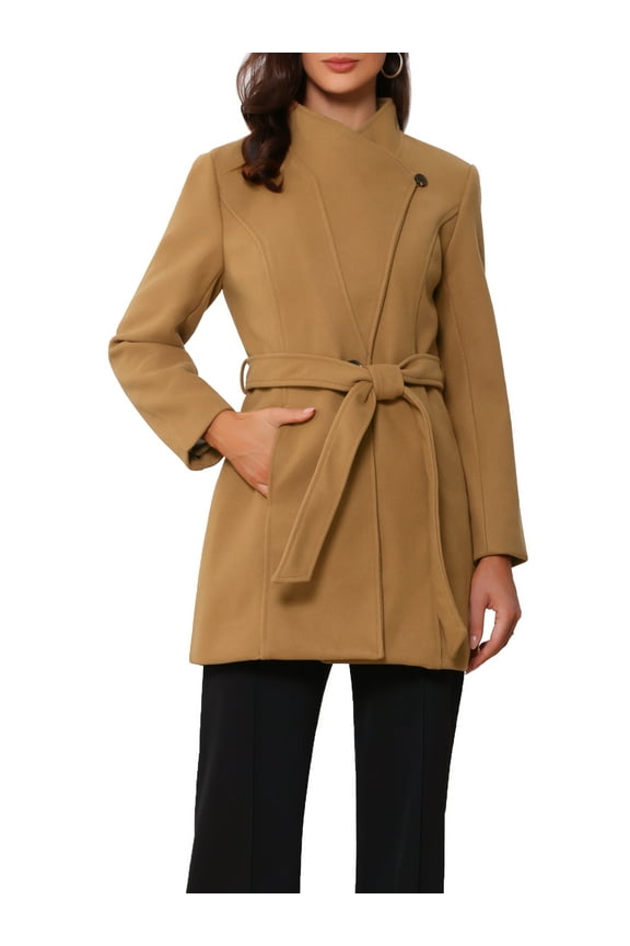 Women's Classic Stand Collar Long Sleeve Winter Belted Long Coat M Camel