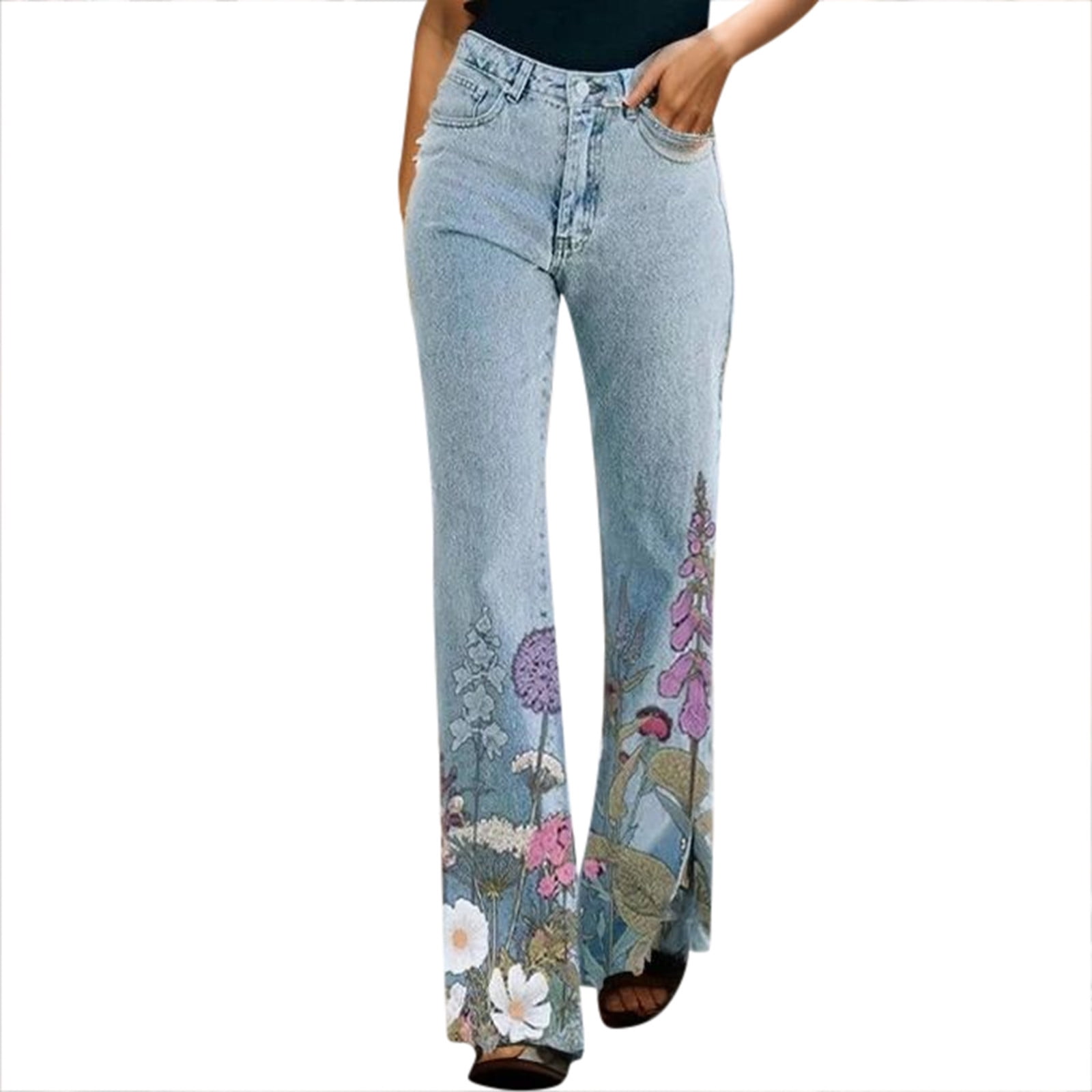 Women's Classic Straight Jeans Elegant Floral Print Slit Commuting Pant ...
