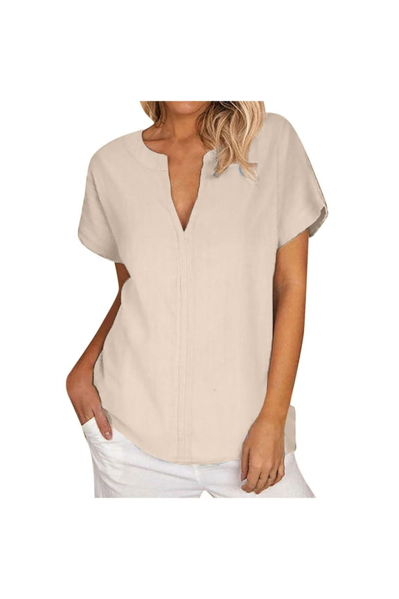 Women's Classic V-neck Solid Color Cotton Linen Short Sleeve T-shirt, Lightweight and Comfortable, Versatile Casual Top, Perfect for Daily Wear, Available in Multiple Sizes, Soft and Breathable