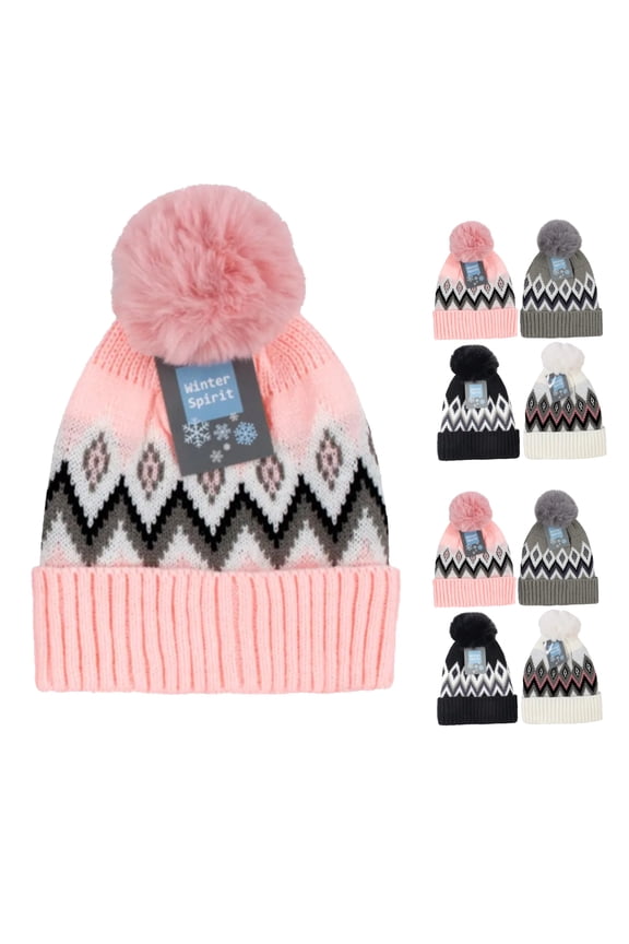 Women's Classic Warm Winter Cuffed Knit Hat Pompom Ski Beanie Cap 12 Pack