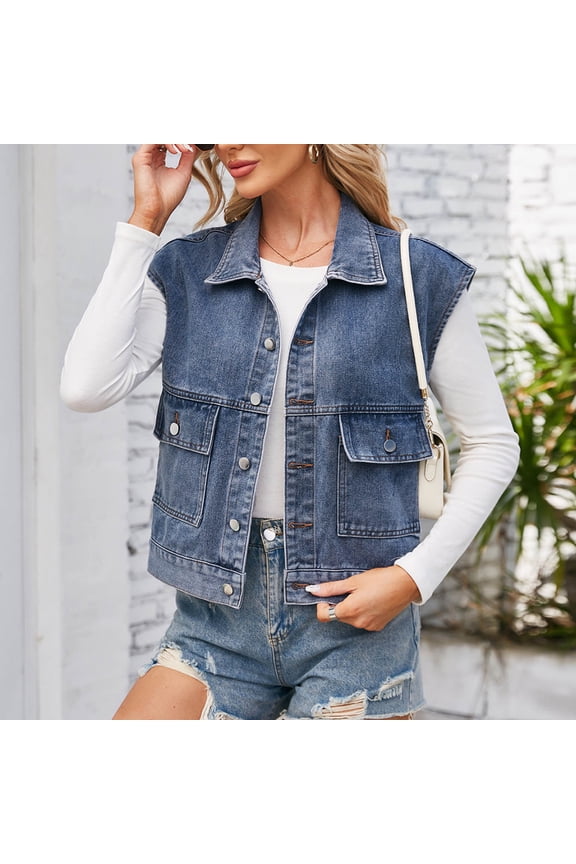 Women's Classic Washed Sleeveless Denim Vest, Lapel Button Front Casual Jean Waistcoat Denim Outerwear Jackets with Pockets Blue L