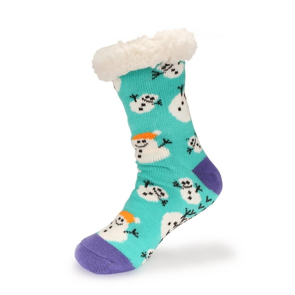 Women's Classic Winter Fleeced Thermal Cabin Crew Slipper Socks, 05 Snowman, 1 Pair