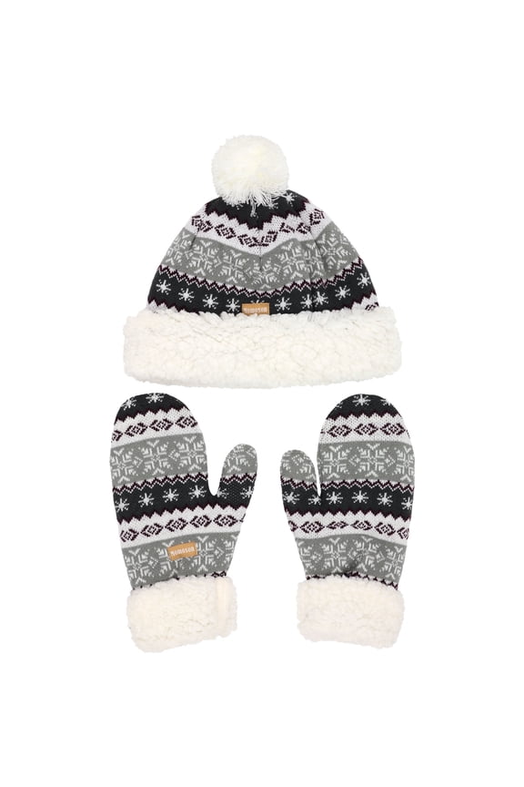 Women's Classic Winter Fleeced Thermal Pom Pom Beanie Hat and Mittens Set, White/Gray Snowflake
