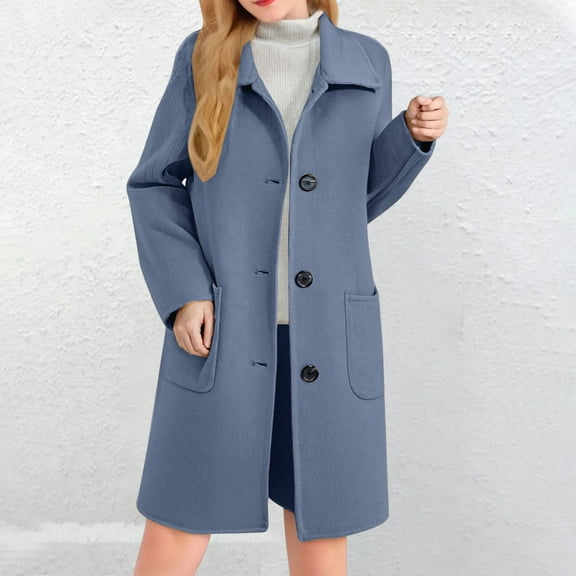 Women's Classic Wool Blend Peacoat, Single Breasted Mid-Length Coat, Notch Lapel Winter Overcoat, Elegant Long Sleeve Coat, Warm Winter Trench Coat, Formal Casual Overcoat Blue XXL