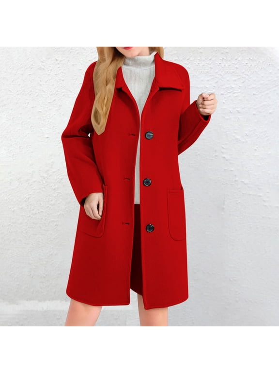 Women's Classic Wool Blend Peacoat, Single Breasted Mid-Length Coat, Notch Lapel Winter Overcoat, Elegant Long Sleeve Coat, Warm Winter Trench Coat, Formal Casual Overcoat Red XL
