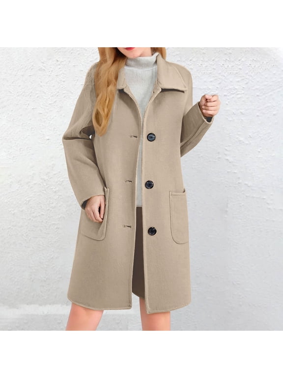 Women's Classic Wool Blend Peacoat, Single Breasted Mid-Length Coat, Notch Lapel Winter Overcoat, Elegant Long Sleeve Coat, Warm Winter Trench Coat, Formal Casual Overcoat Beige L