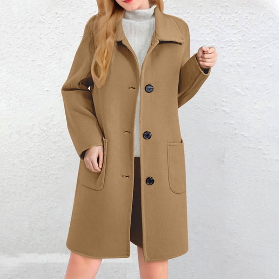 Women's Classic Wool Blend Peacoat, Single Breasted Mid-Length Coat, Notch Lapel Winter Overcoat, Elegant Long Sleeve Coat, Warm Winter Trench Coat, Formal Casual Overcoat Khaki XXL
