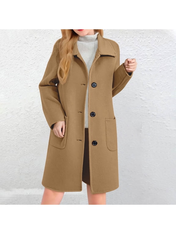 Women's Classic Wool Blend Peacoat, Single Breasted Mid-Length Coat, Notch Lapel Winter Overcoat, Elegant Long Sleeve Coat, Warm Winter Trench Coat, Formal Casual Overcoat Khaki XL