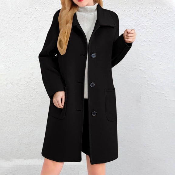 Women's Classic Wool Blend Peacoat, Single Breasted Mid-Length Coat, Notch Lapel Winter Overcoat, Elegant Long Sleeve Coat, Warm Winter Trench Coat, Formal Casual Overcoat Black XXL