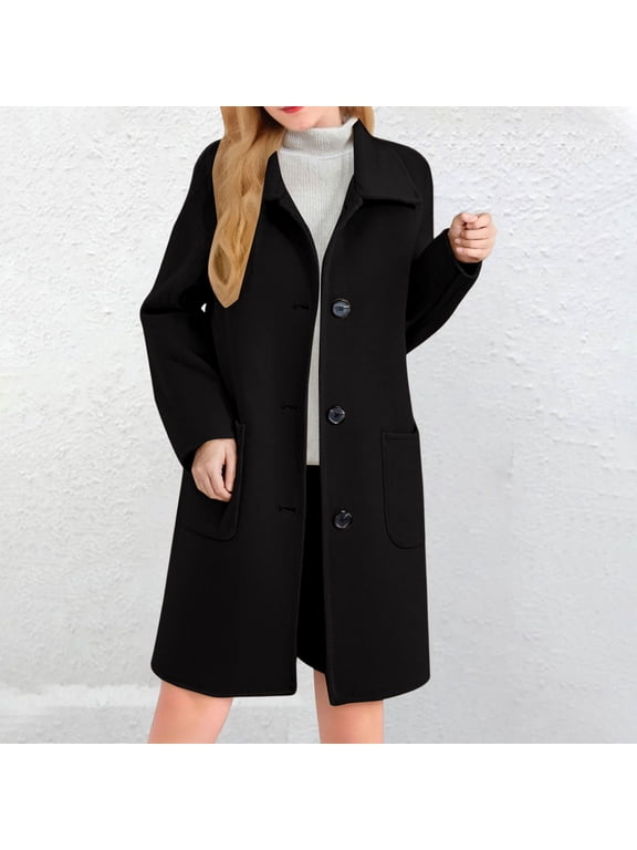 Women's Classic Wool Blend Peacoat, Single Breasted Mid-Length Coat, Notch Lapel Winter Overcoat, Elegant Long Sleeve Coat, Warm Winter Trench Coat, Formal Casual Overcoat Black XL