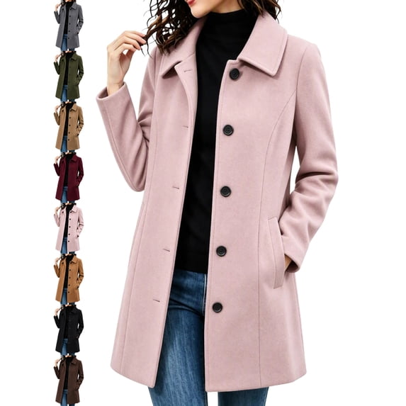 Women's Classic Wool Coat Lapel Collar Button Front Long Sleeve Mid Length Fall Winter Outerwear