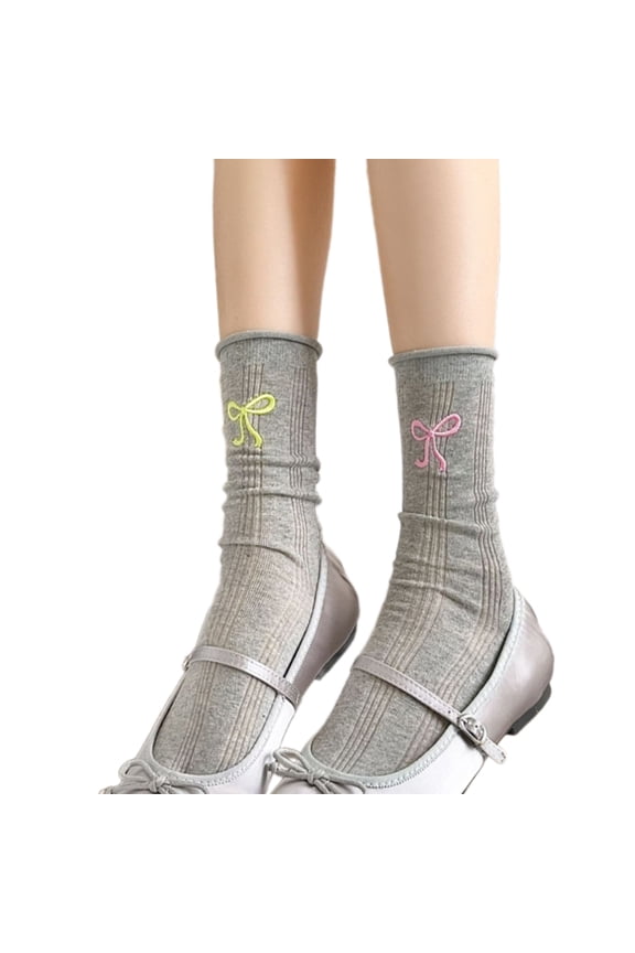 Women's Classical French Styles Cotton Socks with Delicate Colorful Bows Embroidery Elegant Roll Top Middle Tube Socks