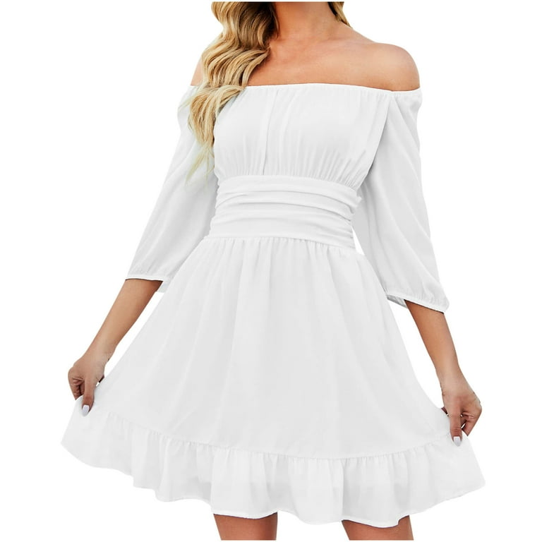 Women's Classy Summer Skater Dress Vintage Off Shoulder 3/4