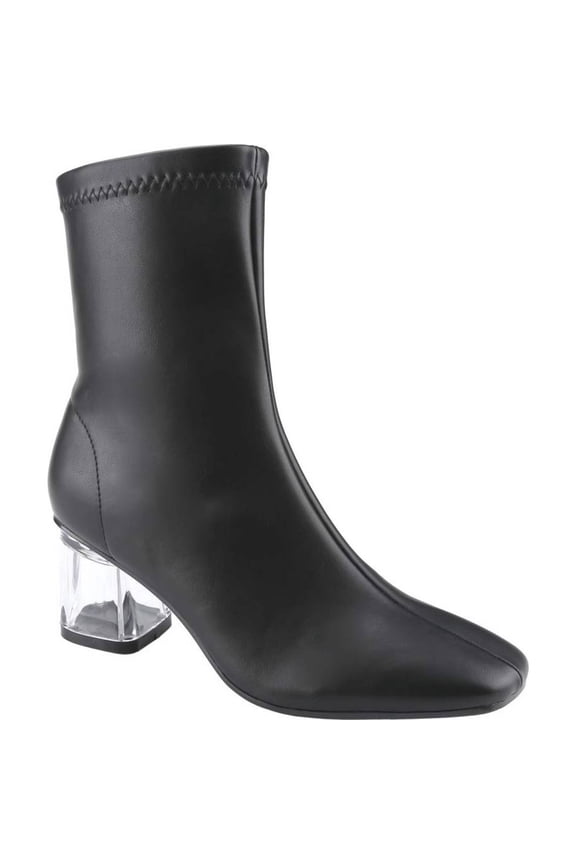 Women's Clear Heel Square Toe Ankle Boots Chunky Block Heels Side Zipper Stretch Short Booties Mid Calf Fall Winter Boots