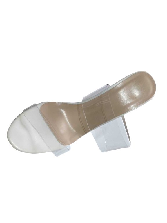 Women's Clear Heeled Sandals Square Toe Two Strap Stiletto High Heeled Sandal Transparent Strap Backless Slip on Mules Heeled Sandals