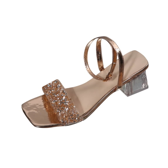 Women's Clear Heels Low Chunky Heel Open Toe Rhinestones Block Heeled Sandals Ankle Strap Shoes Summer Glitter Wedding Party Dress Shoes