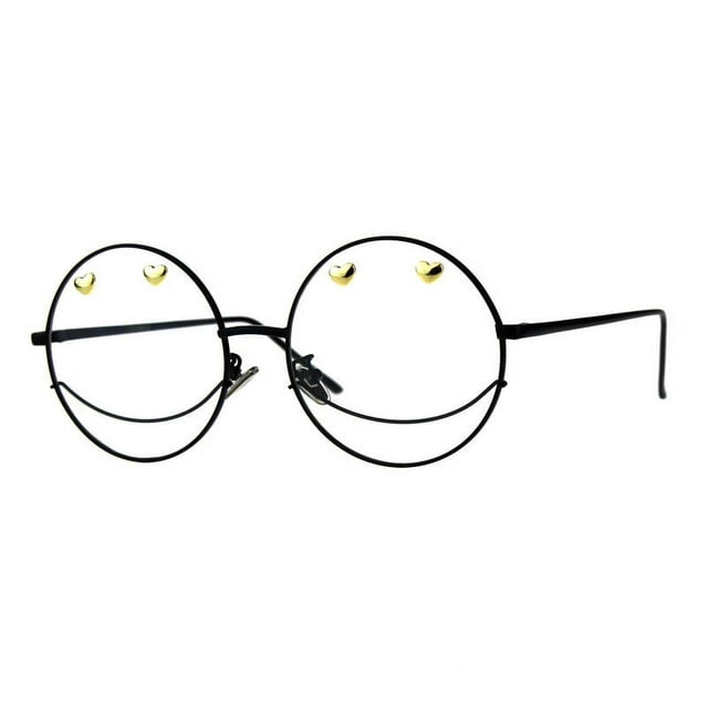 Women's Clear Lens Glasses Round Metal Frame Heart Studs UV400 Black