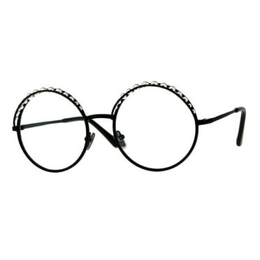Women's Clear Lens Glasses Round Metal Frame With Pearls UV400 Black