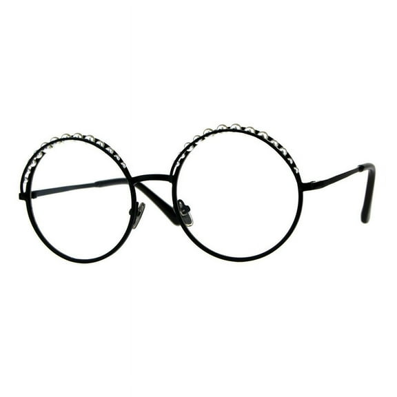 Women's Clear Lens Glasses Round Metal Frame With Pearls UV400 Black
