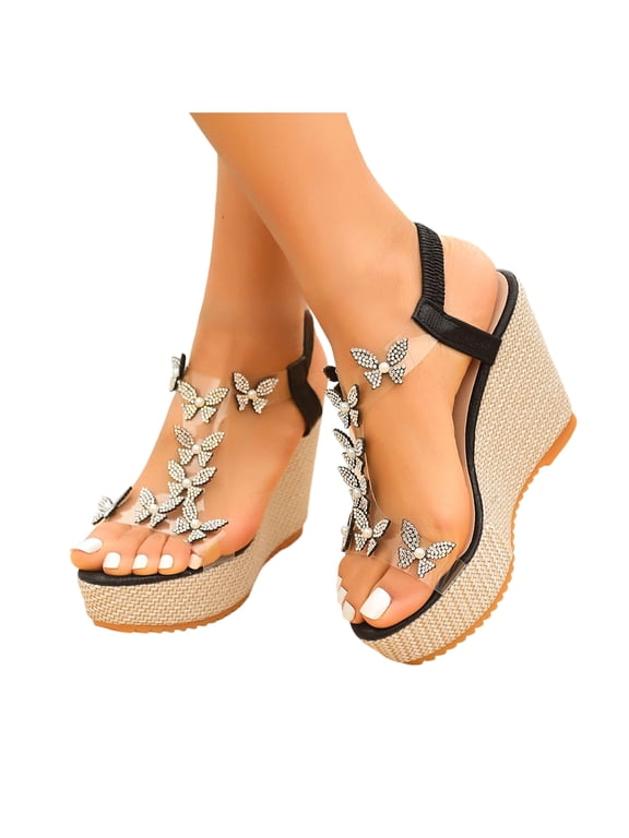 Women's Clear Strap Butterfly Rhinestone Wedge Sandals Elastic Ankle Strap Espadrille Wedding Platform Heels Sandal Black Size 7.5