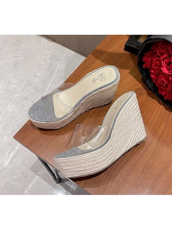 Women's Clear Strap Espadrille Wedge Mule Sandals, Open Toe Slip On Platform High Heel Slides, Transparent Band Summer Casual Platform Wedge Sandals for Party Beach Daily Wear