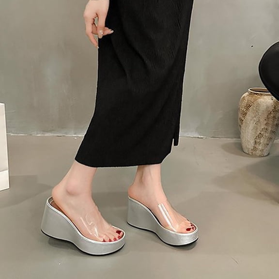 Women's Clear Strap Wedges Sandals Classic Fish Mouth Memory Foam - Height Increase Slides Sandals Summer Casual Beach Walking Slippers Silver