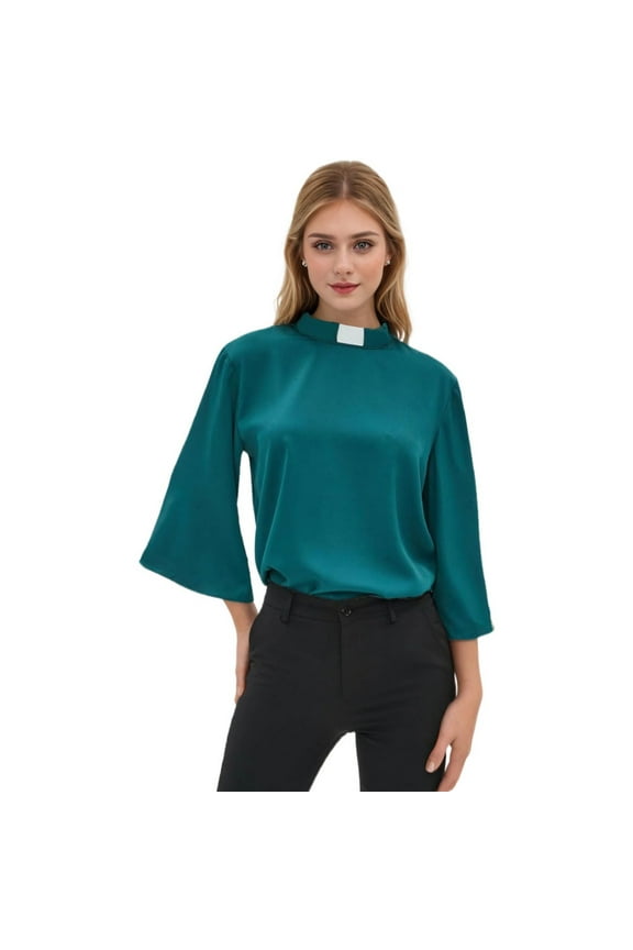 Women's Clergy Shirt for Women Tab Collar Dark Green Color Flared Sleeve Plus Blouse