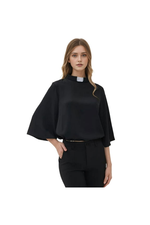 Women's Clergy Shirt for Women Tab Collar Flared Sleeve Plus Blouse Black