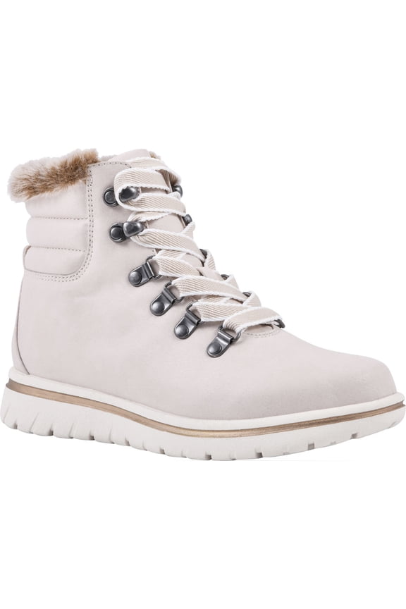 Women's Cliffs by White Mountain Hallett Ankle Boot Winter White Distressed Fabric/Faux Fur 6.5 M